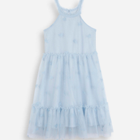 Vestido infantil de tule com laços e recortes azul