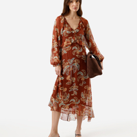 Vestido midi feminino de chiffon com lurex e babados folhagens marrom