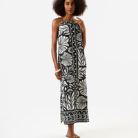 Vestido midi feminino com viscose e fendas folhagens preto