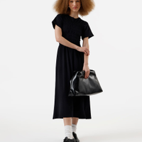 Vestido midi feminino de algodão franzido preto