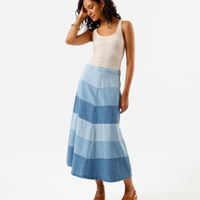 Saia feminina jeans midi cintura super alta patchwork chevron azul