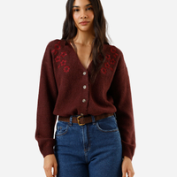 Cardigan feminino de tricot com bordado floral vinho