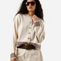 Cardigan feminino de tricot listrado bege