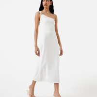 Vestido midi feminino ombro único franzido off white