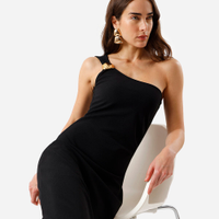 Vestido midi feminino ombro único franzido - preto