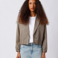 Jaqueta cropped feminina com ombreiras xadrez mindset colorida