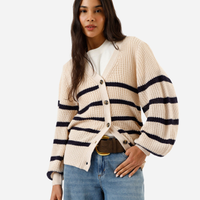 Cardigan feminino de tricot manga bufante listrado bege