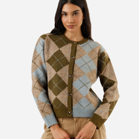 Cardigan feminino de tricot xadrez argyle colorido