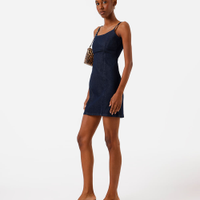 Vestido curto alça fina feminino jeans com fenda azul