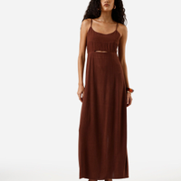 Vestido midi alça fina feminino com linho e recorte marrom
