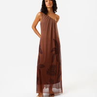 Vestido longo feminino ombro único coqueiro marrom