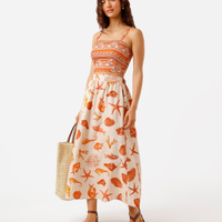 Saia midi godê feminina de algodão estampada bege