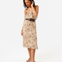 Vestido midi feminino em chiffon alça fina estampado bege