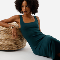 Vestido midi feminino de algodão decote quadrado básico verde