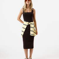 Vestido midi feminino de algodão decote quadrado básico marrom