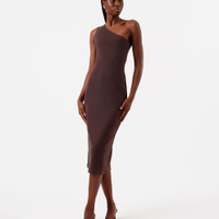 Vestido midi ombro único feminino de algodão básico marrom