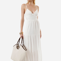 Vestido longo alça fina feminino de viscose com recortes texturizado off white