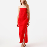 Vestido longo alça fina feminino com linho e fenda vermelho