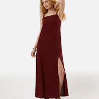 Vestido longo alça fina feminino com linho e fenda vinho