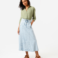 Saia midi feminina jeans com cinto azul