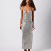 Vestido midi alça fina feminino de paetê mindset prateado