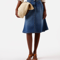 Saia midi evasê feminina jeans azul