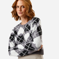 Cardigan cropped feminino de tricot xadrez argyle corações cinza