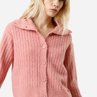 Cardigan feminino de tricot com lã e gola canelado rosa
