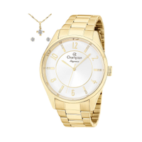 Kit relógio feminino champion analógico cn26288w dourado