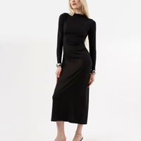 Vestido longo feminino manga longa franzido preto