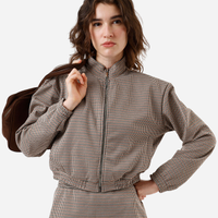 Jaqueta bomber feminina de jacquard pied de poule marrom