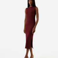 Vestido midi tubinho feminino de algodão com manga japonesa e fenda vinho
