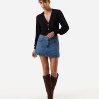 Minissaia feminina jeans cintura baixa azul