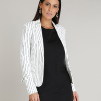 Blazer Feminino Acinturado Listrado com Bolsos Off White