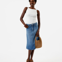 Saia midi evasê feminina jeans azul