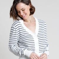 Cardigan Feminino Básico Listrado em Tricô com Botões Off White