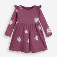 Vestido infantil de algodão manga longa com babado floral rosa