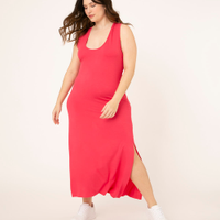 Vestido Feminino Plus Size Básico Midi com Fenda Decote Nadador Rosa