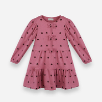 Vestido infantil de algodão com recorte manga longa corações rosa