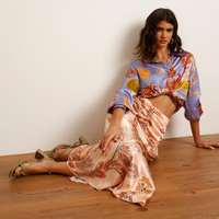 Saia Midi de Cetim Estampada Bohemian Lace com Franzido Rosa Claro