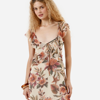 Vestido curto feminino com lurex e babados floral colorido