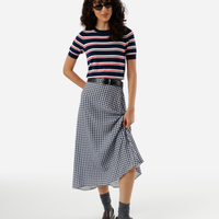 Saia midi evasê feminina de viscose xadrez azul