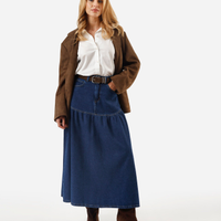 Saia midi feminina jeans com recorte e franzidos cintura alta azul