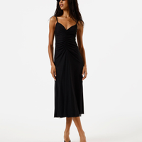 Vestido midi alça fina feminino de tule franzido preto