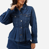 Jaqueta peplum feminina jeans com pregas xadrez azul