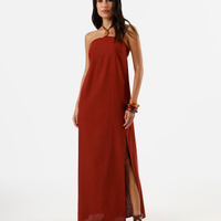 Vestido midi feminino com linho e fenda vinho