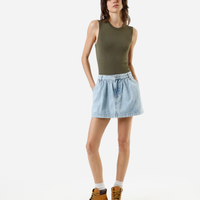 Minissaia feminina jeans cintura alta franzida azul