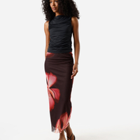 Saia midi feminina de tule com franzido floral marrom