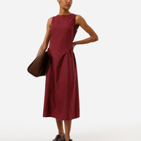 Vestido midi feminino decote redondo com franzidos vinho