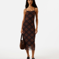 Vestido midi alça fina feminino de tule xadrez marrom